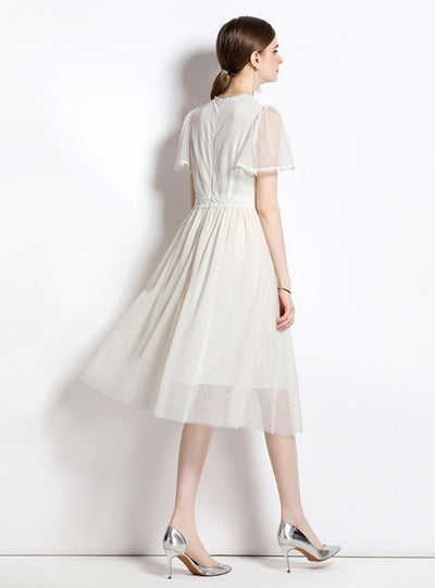 Mesh Sequins Lotus Leaf Sleeve Dress