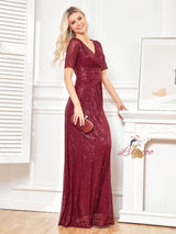 Burgundy Sequins V-neck Short Sleeve Prom Dress