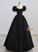 Black Square Neck Puff Sleeve Beading Prom Dress