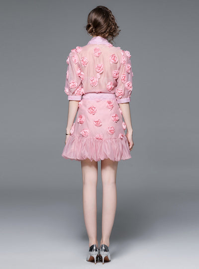 Flower Bubble Sleeve Top and Skirt Two-piece Suit