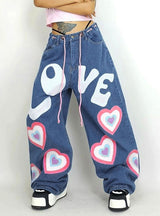 Contrasting Color Love Graffiti Print Loose Jeans