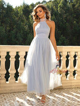 Gray Tulle Halter Backless Party Dress