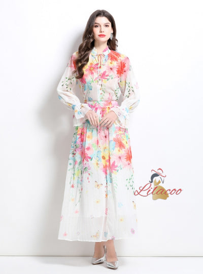 Lantern Sleeve Printed Chiffon Shirt+Skirt Suit