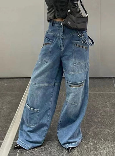 Low Waist Zipper Pocket Loose Jeans