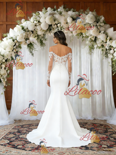 White Mermaid Long Sleeve Appliques Wedding Dress