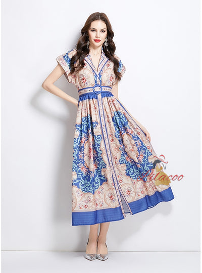 Retro Printed Breasted Slim Dress