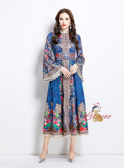 National Style Pattern Stand-up Collar Section Dress