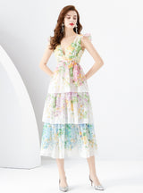 V-neck Printed Long Cake Dress