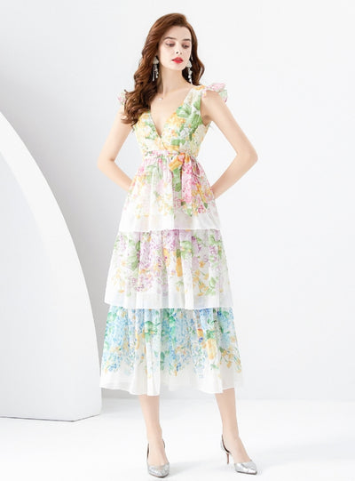 V-neck Printed Long Cake Dress