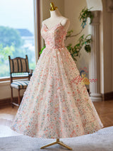 Champagne Tulle Sequins Spaghetti Straps Prom Dress