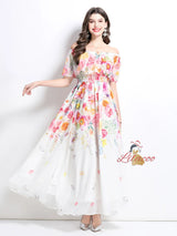 Off the Shoulder Ruffled Printed Chiffon Dress