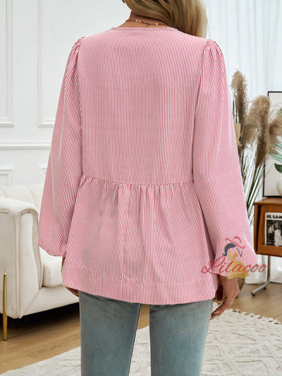 Casual Loose Striped Lantern Sleeve Lace-up Shirt