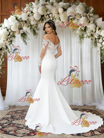 White Mermaid Long Sleeve Appliques Wedding Dress