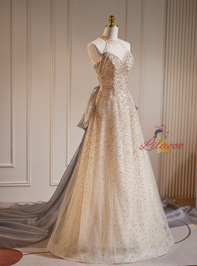 Champagne Sequins Halter Bow Prom Dress