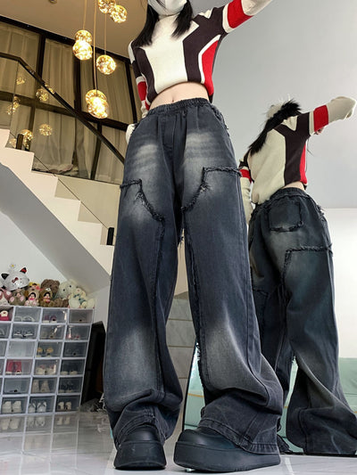 Retro Loose Straight Raw Edges Jeans