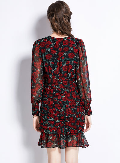 Long Sleeve V-neck Printed Chiffon Dress