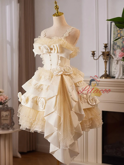 Champagne Satin Flower Homecoming Dress
