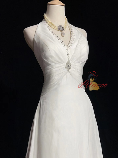 White Chiffon V-neck Beading Wedding Dress