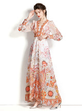 Retro Deep V-neck Lantern Sleeve Printed Dress