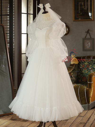 White Tulle Lace Long Sleeve Pearls Wedding Dress