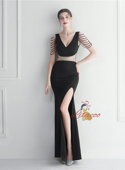 V-neck Mermaid Split Beading Prom Dress