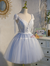 Simple Blue Tulle Lace Straps Homecoming Dress