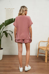 Solid Color V-neck Loose T-shirt Shorts Suit