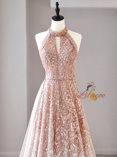 Champagne Sequins Halter Beading Prom Dress