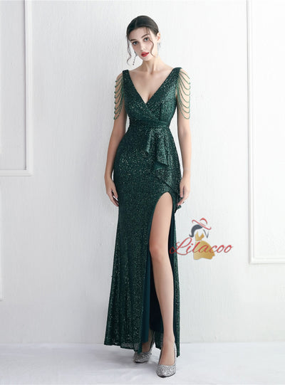 Sequins V-neck Beading Split Prom Dress