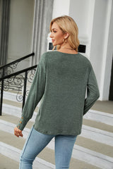 V-neck Loose Long Sleeve Button T-shirt