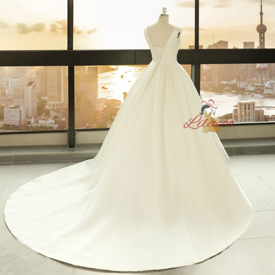 White Satin V-neck Backless Wedding Dress