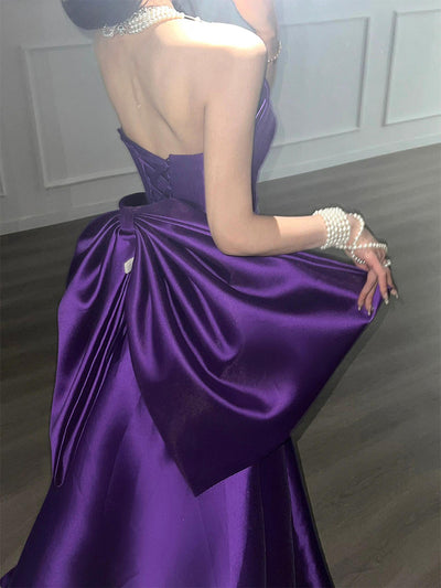 Purple Satin Strapless Pleats Prom Dress