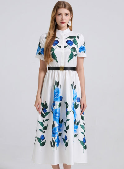 Slim Seaside Short Sleeve Print Long Dress