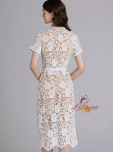 Heavy Lace Rhinestone Round Neck Dress