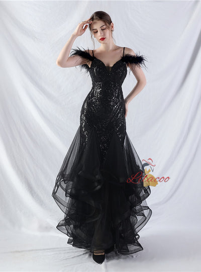 Mermaid Tulle Sequins Spaghetti Straps Prom Dress