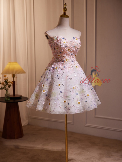 Pink Tulle Sequins Beading Homecoming Dress