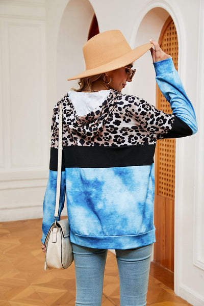 Leopard Print Contrast Stitching Pocket Long Sleeve Top