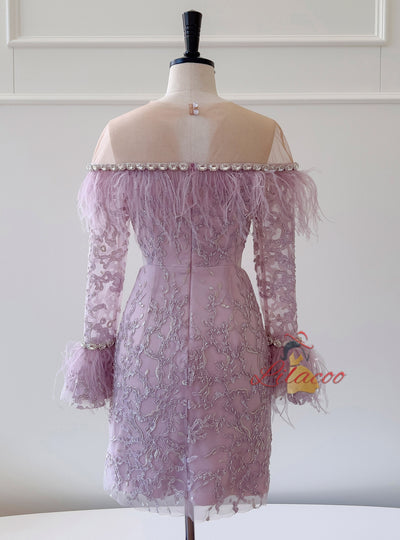 Purple Long Sleeve Lace Beading Short Prom Dress