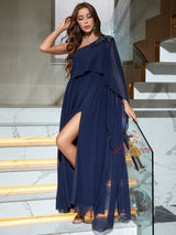 Navy Blue Chiffon One Shoulder Prom Dress