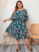 Round Neck Ruffled Printed Plus Size Dress
