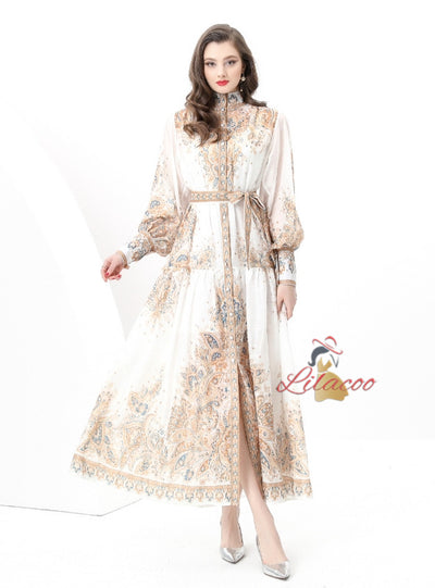 Palace Stand-up Printed Breasted Dress