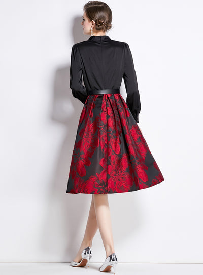 Bubble Sleeve V-neck Jacquard Big Swing Dress