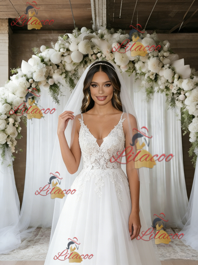 White Tulle Lace V-neck Wedding Dress