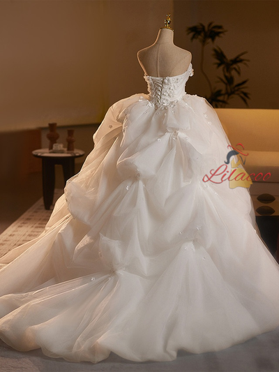 White Tulle Strapless 3D Flower Wedding Dress
