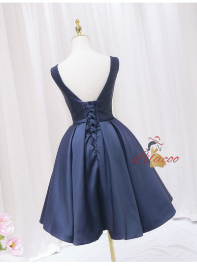 Navy Blue Satin Homecoming Dress