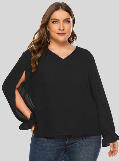 V-neck Puff Sleeves Long-sleeved Chiffon Shirt