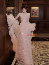 Pink Tulle Sequins Pleats Prom Dress