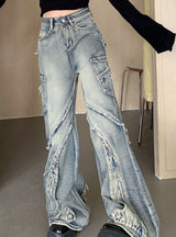Retro Stitching Raw Edge Jeans Pants