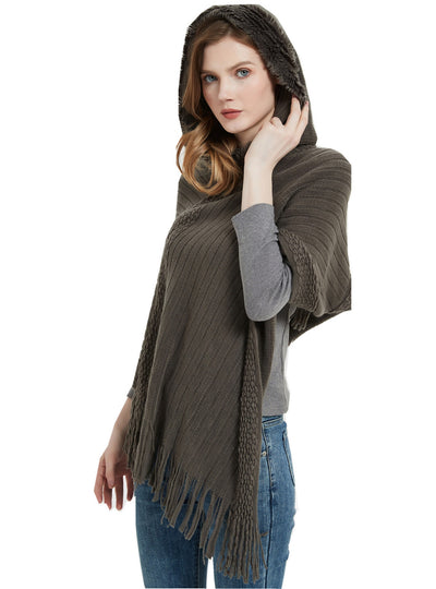 Solid Color Striped Fringed Hooded Cloak