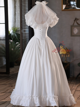 White Satin Lace V-neck Wedding Dress